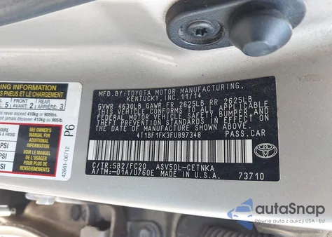 2015 Toyota Camry Le из США, поврежденный, VIN 4T1BF1FK3FU897348